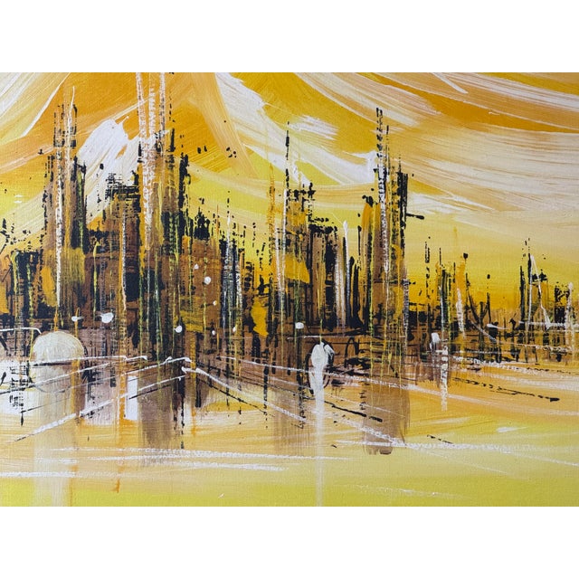 Large Original Mid Century Modern Skyline Framed Artwork Signed For Sale - Image 4 of 12