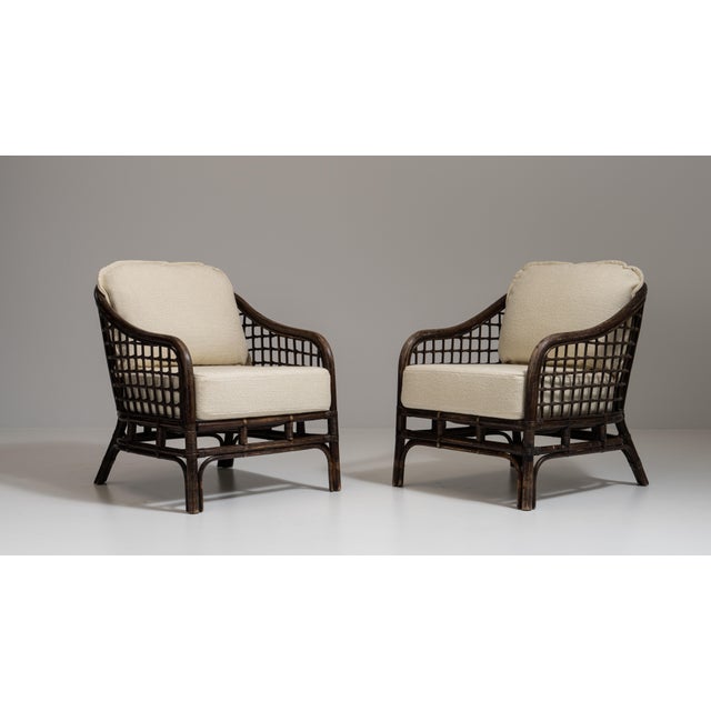 Pair of 20th Century French Dark Brown Mid-Century Organic Modernism Faux Bamboo Upholstered Armchairs For Sale - Image 4 of 15