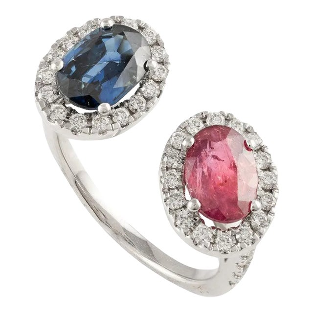 Ruby and Blue Sapphire Toi Et Moi Ring 18k White Gold Size 7 For Sale