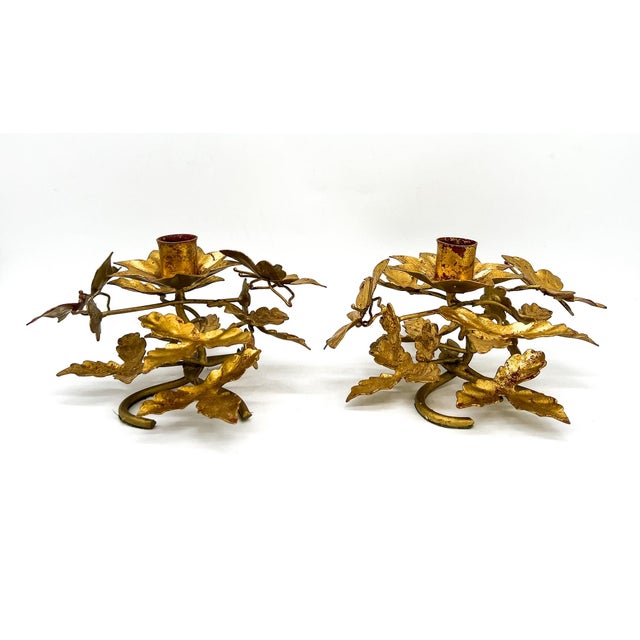Vintage Italian Gold Gilt Tole Butterfly Candleholders, Pair, Hand-Formed Leaf & Vine Candlesticks - Hollywood Regency For Sale - Image 12 of 12