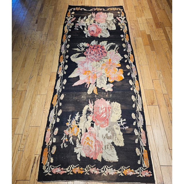 Vintage Caucasian Karabagh Kilim, Floral wreath Design, Handwoven Wool, 5' x 14' For Sale - Image 9 of 17