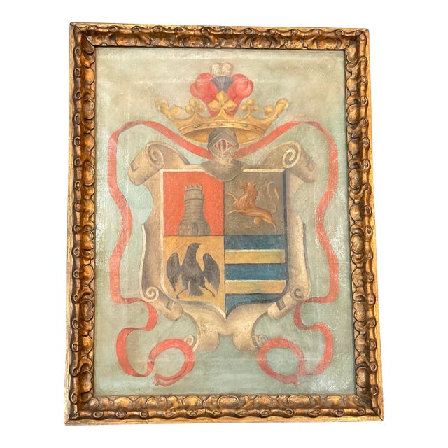 Spanish Hand-Painted Heraldic Coat of Arms on Canvas, Early 20th Century For Sale