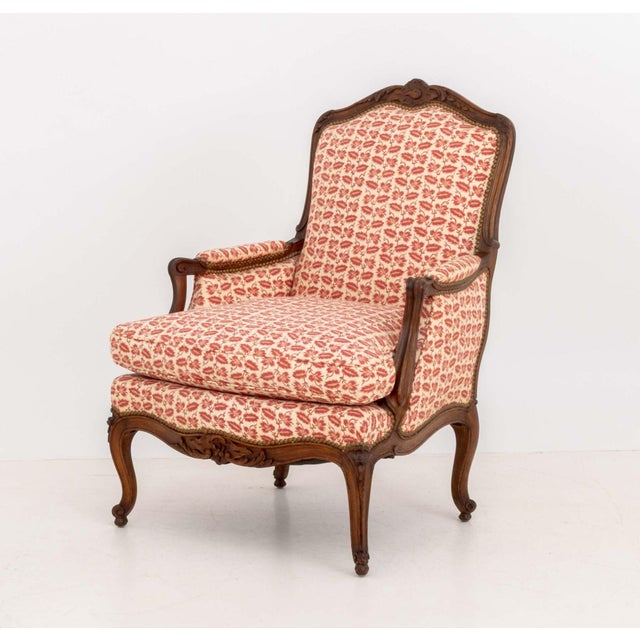 Pair of Louis XV Style Red and White Fabric Upholstered Walnut Bergeres For Sale - Image 11 of 13