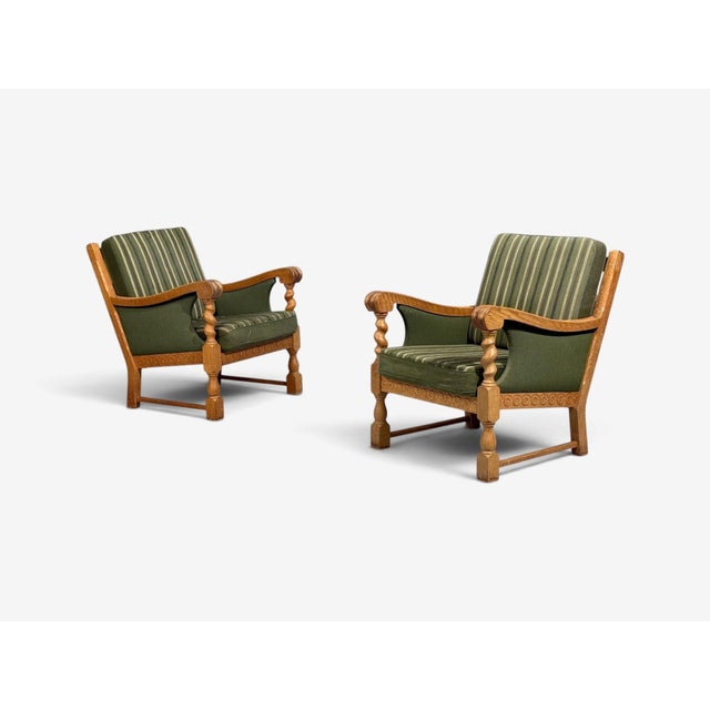 Mid-Century Modern Henning Kjaernulf Style, Lounge Chairs, Oak, Fabric, Denmark, 1970s For Sale - Image 3 of 12