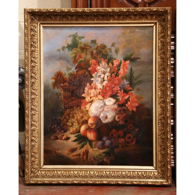 French Pair of 19th C. French Floral Still Life Oil Paintings in Carved Giltwood Frames For Sale - Image 3 of 10