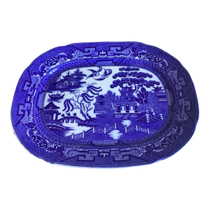 Early 20th Century Allertons England Blue Willow Chinoiserie Large Bone China Serving Platter