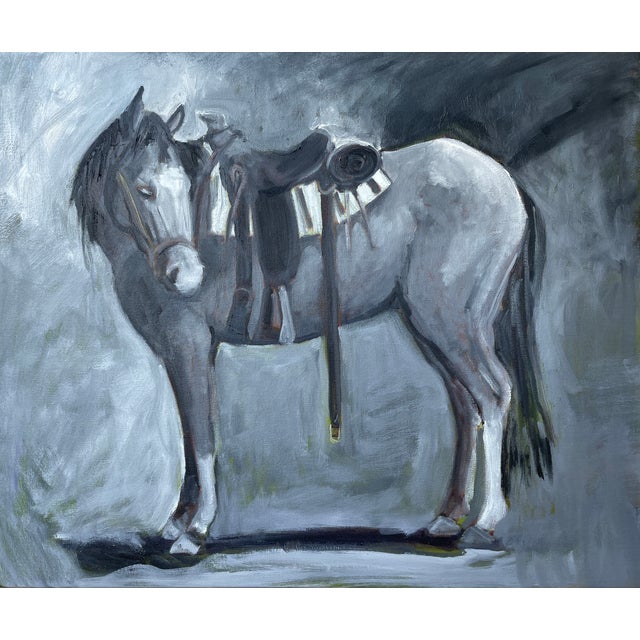 Black and white themed oil painting of a saddled horse and tells a tale of whats happening in what is out of view.