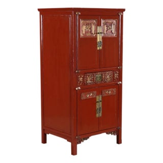 Ornately Carved Asian Modern Red Lacquer Gilt Gold Tv Cabinet Bar With Brass Hardware For Sale
