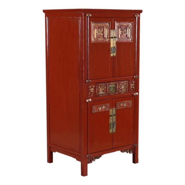 Ornately Carved Asian Modern Red Lacquer Gilt Gold Tv Cabinet Bar With Brass Hardware For Sale