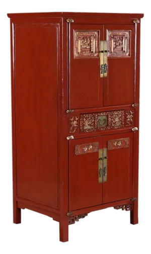 Ornately Carved Asian Modern Red Lacquer Gilt Gold Tv Cabinet Bar With Brass Hardware