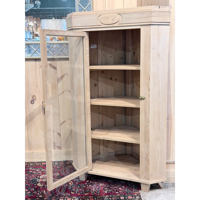 Late 20th Century Late 20th Century Natural Pine Corner Display Cabinet With Fluted Crown and Glass Door For Sale - Image 5 of 9