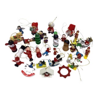 Group of 36 Cute Vintage Holiday Wooden Ornaments For Sale