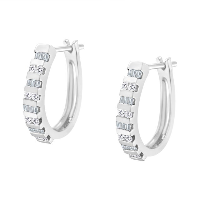 10K White Gold 1.0 Cttw Round and Baguette-Cut Diamond Hoop Earrings (I-J Color, I2-I3 Clarity) For Sale - Image 4 of 6