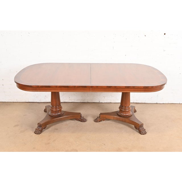 Wood Kindel Furniture Regency Banded Mahogany Double Pedestal Extension Dining Table, Newly Refinished For Sale - Image 7 of 14