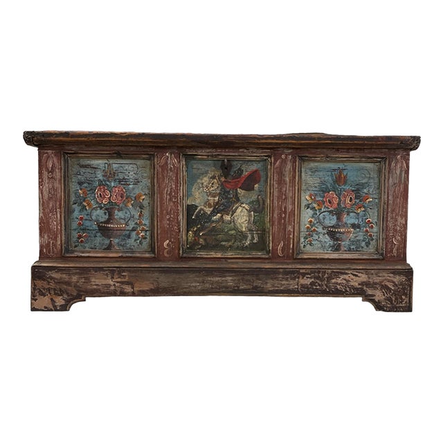 Austrian Hand Painted Wood Coffer Trunk Chest Mid 19th Century For Sale