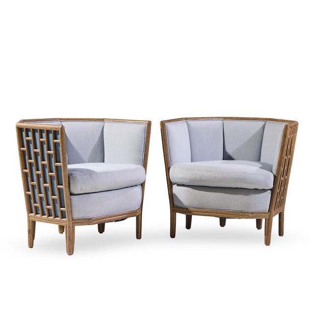 Barbara Barry for McGuire Rattan Fretwork Lounge Chairs - Pair Each chair measures: 32.5 wide x 28 deep x 30.25 high, with...