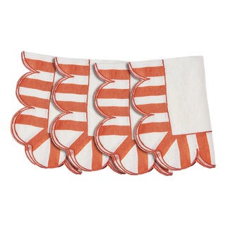 Jardin Embroidered Linen Scalloped Stripe Napkins in Natural/Red, Set of 4 For Sale