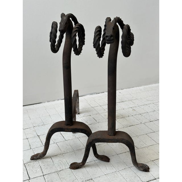 Antique Wrought Iron Figural Ram Andirons, a Pair, Circa Early 20th Century For Sale - Image 17 of 18