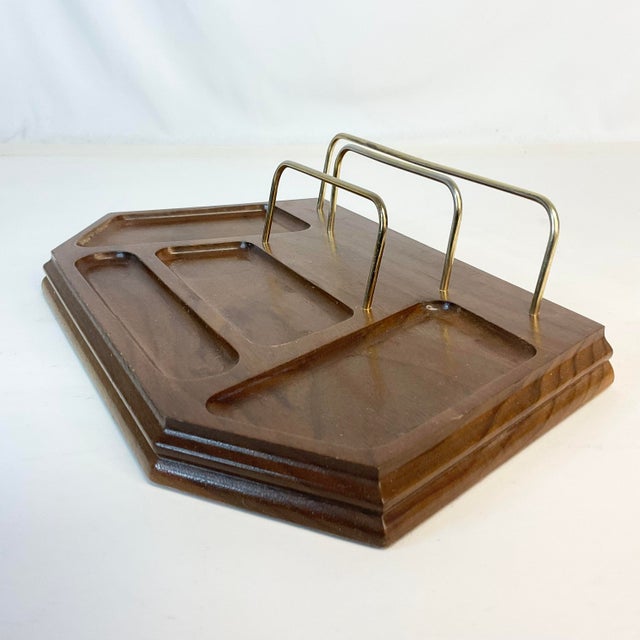 Mid-Century Modern 1970s Mid-Century Boho Chic Walnut & Brass Desk or Dresser Caddy Valet Tray. For Sale - Image 3 of 8