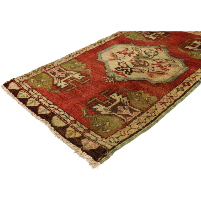 51485 Vintage Turkish Yastik Rug, 01'10 x 04'03. This charming hand-knotted wool vintage Turkish Yastik rug is a...