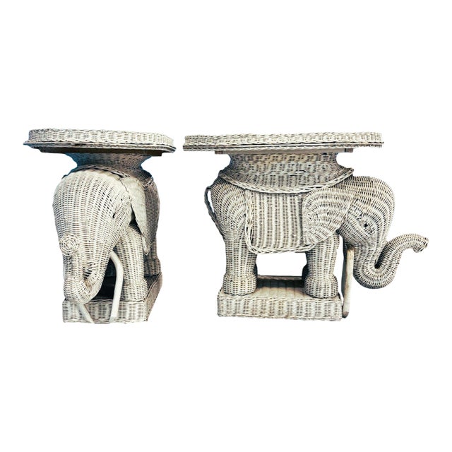 Vintage Whitewashed Wicker Elephant Garden Stools or Side Tables – A Pair For Sale