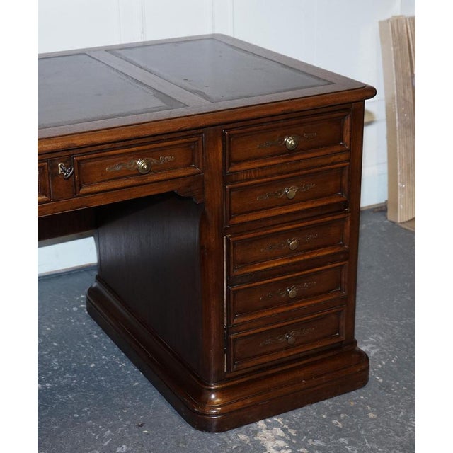 Vintage Hekman Usa Twin Pedestal Desk with Brown Leather Top Brass Handles For Sale - Image 6 of 18