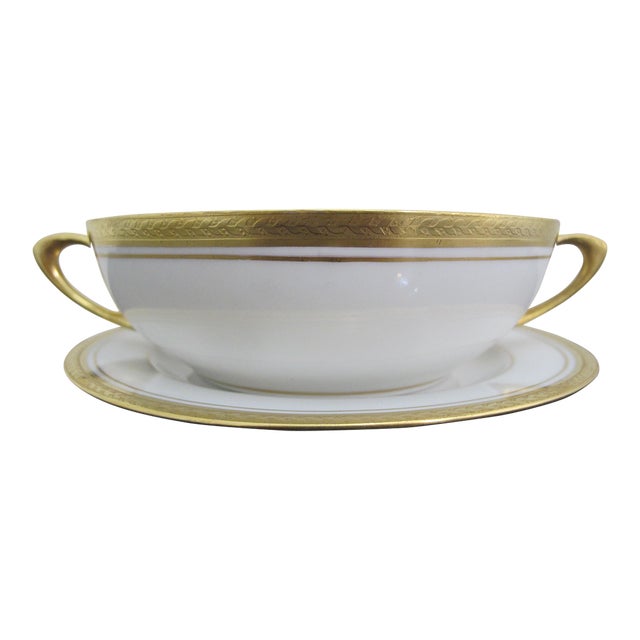 Royal Bavarian Selb Hutschenreuther Gold Encrusted Leaves Soup Cream Cup & Plate For Sale