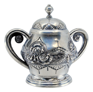 Silver Sugar Bowl with Floral Reliefs, Double Handle and Resting on a Grooved Base