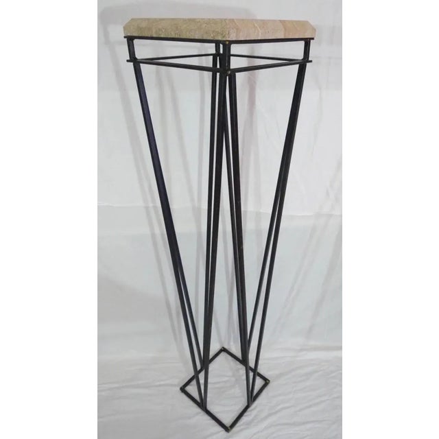 Offered is a set of modern architectural display pedestals, feature a square top surface in travertine with a bevelled...