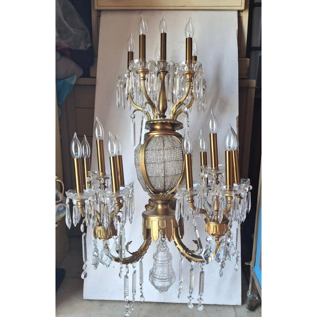 Monumental Hollywood Regency 43" French Style 17-Light Crystal Girandole Wall Sconces Gilt Brass a - Pair For Sale - Image 4 of 18