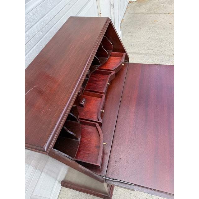 Vintage Chippendale Style Mahogany Secretary Desk With Serpentine Drawers, Ball and Claw Feet & Drop Front For Sale - Image 10 of 12