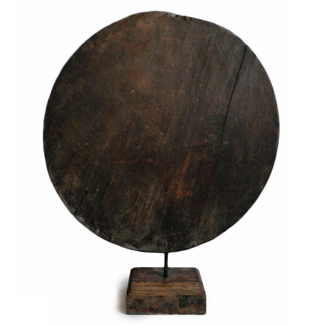 Rustic Large Vintage Rustic Indian Wood Wheel on Stand For Sale - Image 3 of 4