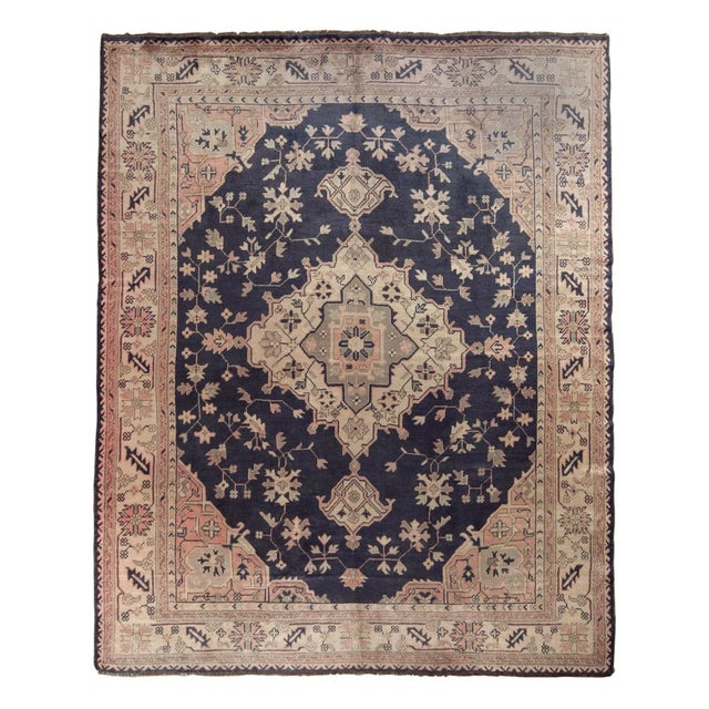 Textile Hand-Knotted Antique Turkish Oushak Rug in Blue, Pink Medallion Floral Pattern For Sale - Image 7 of 7