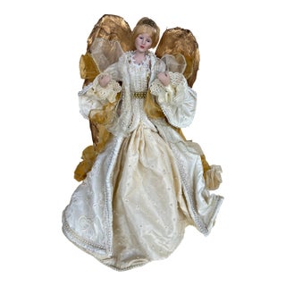 1980s Large 18.5” White & Gold Angel Tree Topper For Sale