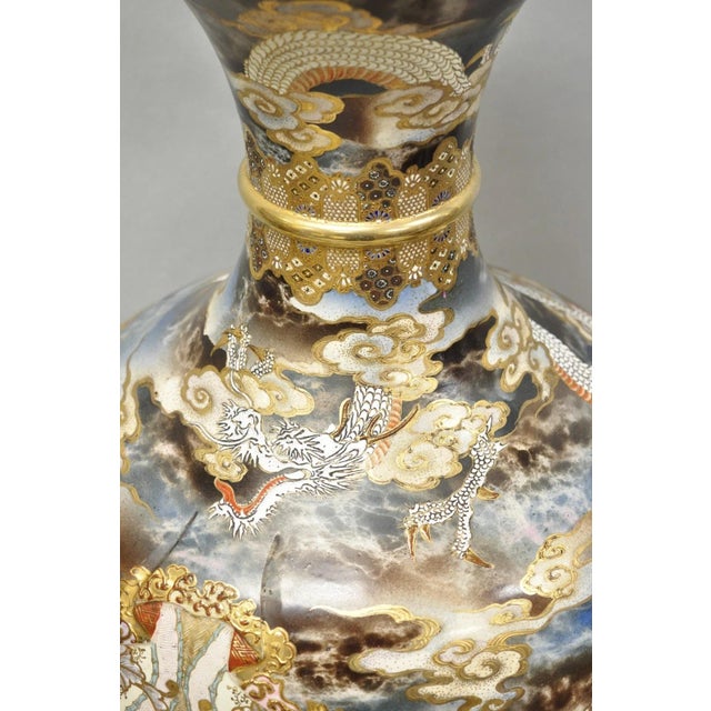 Vintage 30" Japanese Royal Satsuma Hand Painted Porcelain Oriental Dragon Vase For Sale - Image 14 of 17