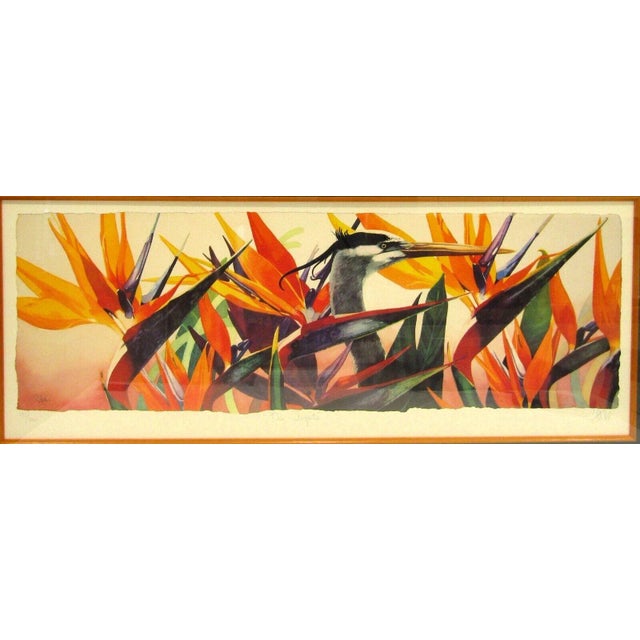 Signed, Numbered and Titled "The Importer" Bird of Paradise and Crane Lithograph Overall measures 31 1/4" wide, 16 1/4"...