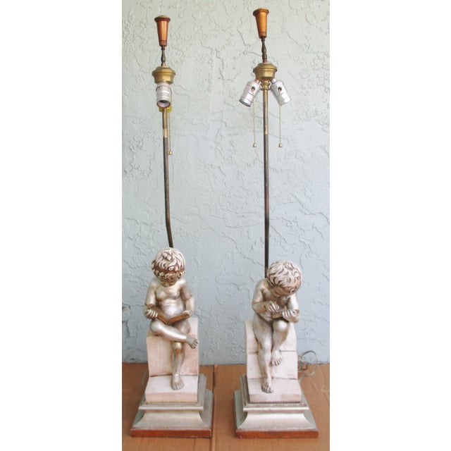 1940s Child Reading and Child Writing Marble Lamps After Charles-Gabriel Sauva - a Pair For Sale - Image 13 of 13
