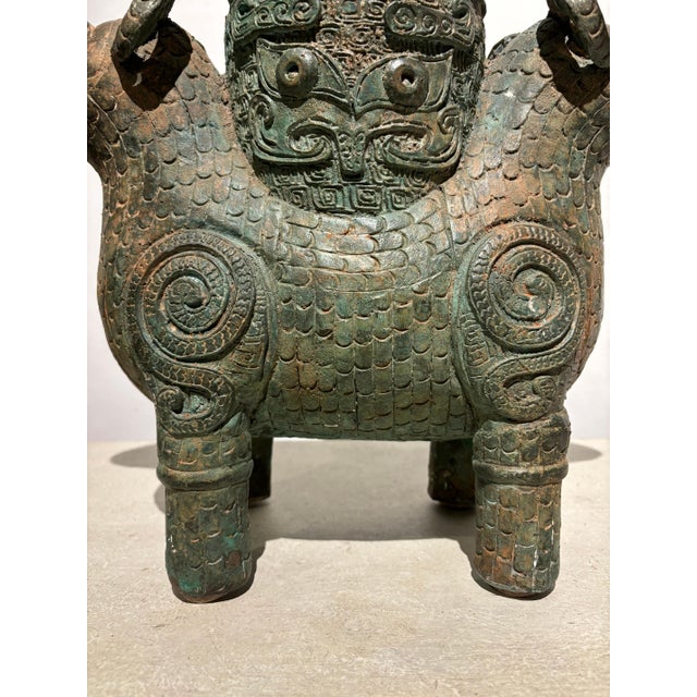 Early 20th Century Archaistic Shang Style Verdigris Bronze 'Double-Ram' Vessel, Zun Circa 1900 For Sale - Image 5 of 12