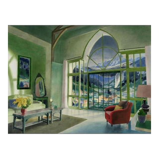 Yang Fan Original Watercolor Painting – Green Room, Whale, Snowy Alps Interior Art For Sale