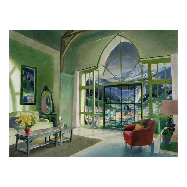 Yang Fan Original Watercolor Painting – Green Room, Whale, Snowy Alps Interior Art For Sale
