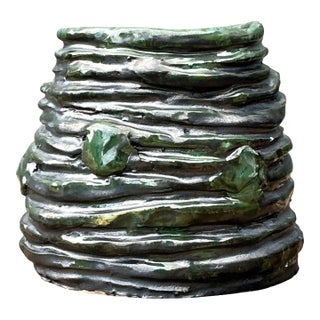 Vintage Abstract Green Glazed Ceramic Vase For Sale