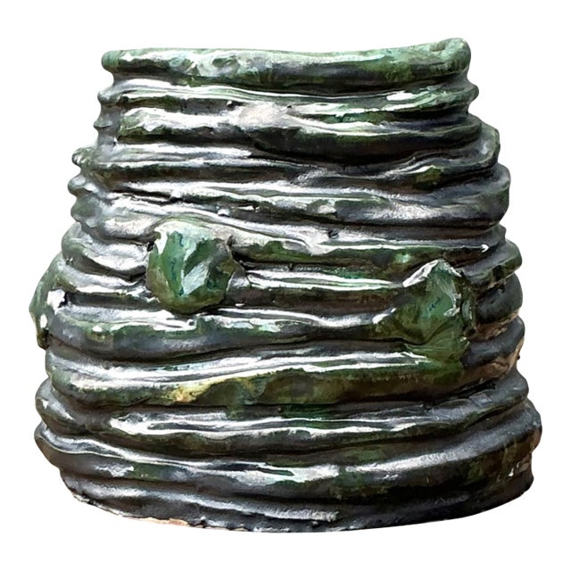 Vintage Abstract Green Glazed Ceramic Vase For Sale