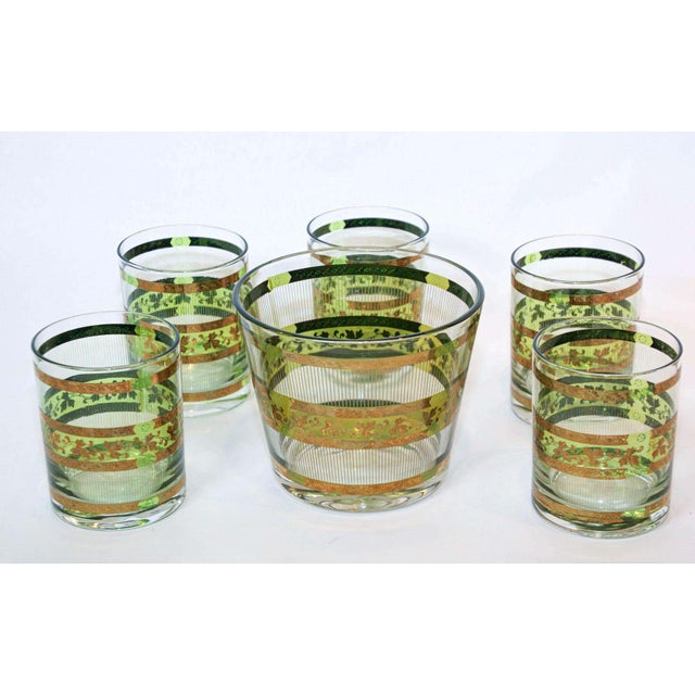 Vintage Mid-Century Modern culver Stralyte style embossed, raised, textured design on bands alternating green and gold...