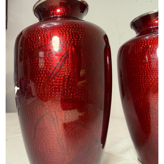 Pair Vintage Japanese Handmade Red Enamel Silver Floral Cloisonné Foil Vase Urn For Sale - Image 10 of 13