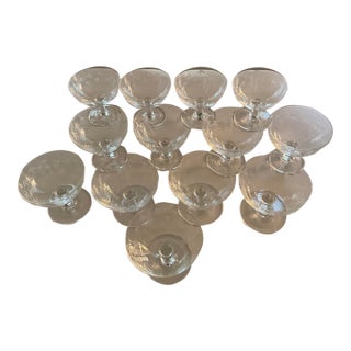 Vintage Noritake Mid-Century Modern Sasaki Bamboo Etched Crystal Champagne / Low Sherbert Glasses Set of 13 For Sale