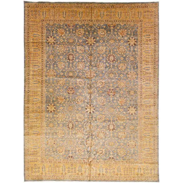 Textile Early 21st Century Blue Modern Peshawar Handmade Wool Rug With Palmettes Motif For Sale - Image 7 of 7