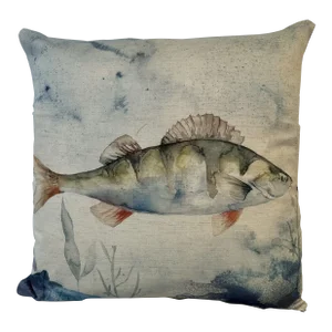 16" Square Decorative Toss Pillow Whimsically Embellised With a Stately Yellow Perch /Fish - Made in the U K
