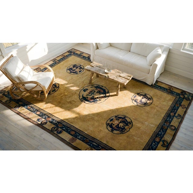 Amazing Beige and Blue Color With Dragon Design Antique Chinese Rug For Sale - Image 10 of 11