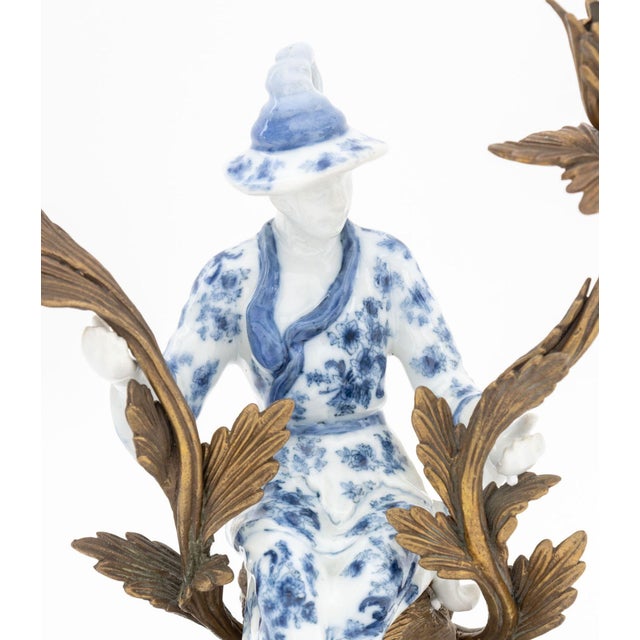 Chinoiserie Chinoiserie Porcelain and Brass Candlesticks, Pair For Sale - Image 3 of 9