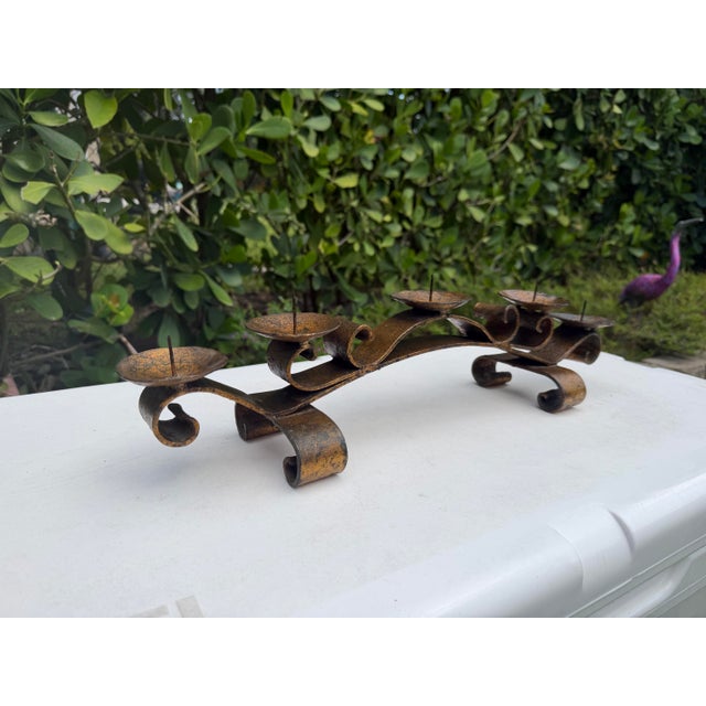Vintage Mexican Hand-Forged Iron Five-Light Candelabra With Crackle Gilt Finish For Sale - Image 12 of 12